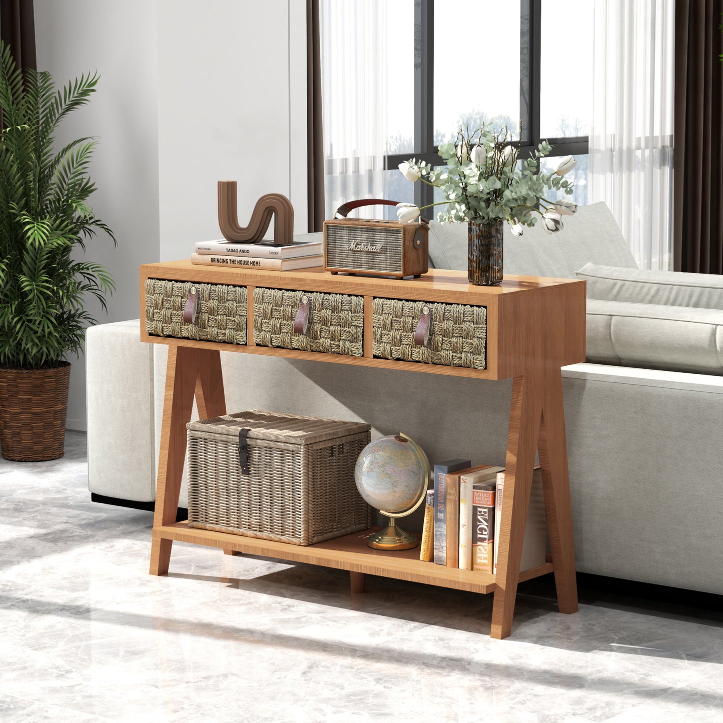 Mid-Century Modern Console Table with 3 Woven Drawers – Multifunctional Entryway Table & Open Storage Rack