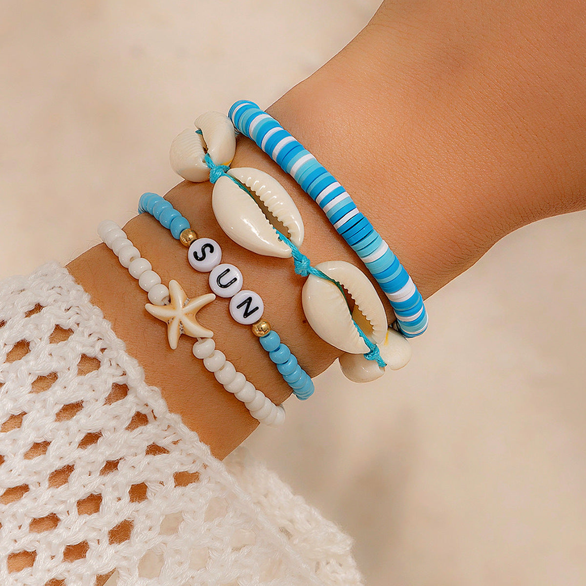 Bohemian Rice Bead & Cowrie Shell Bracelet Set - Layered Starfish Vacation Jewelry