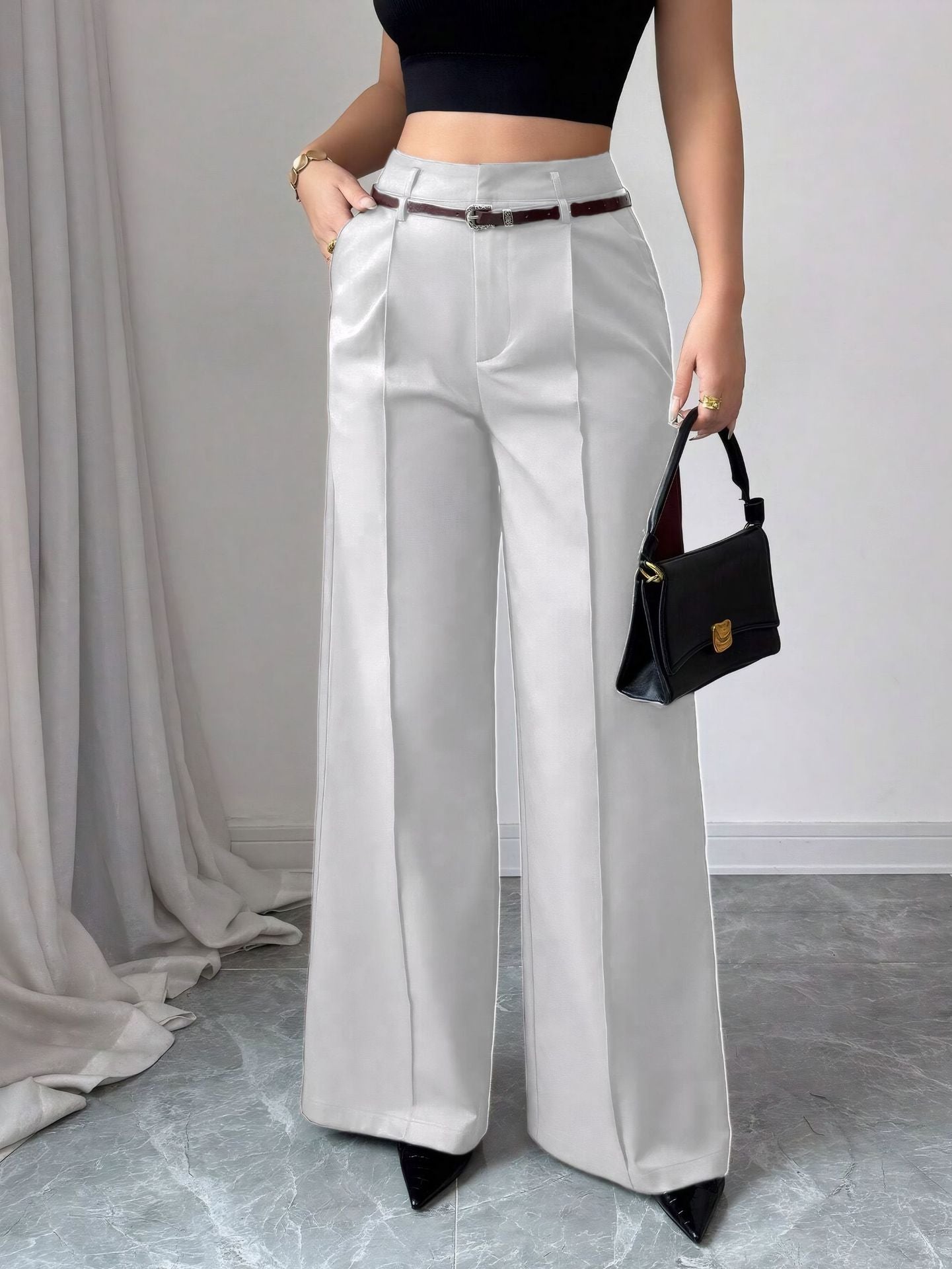 Elegant High-Waisted Straight Leg Trousers with Belt
