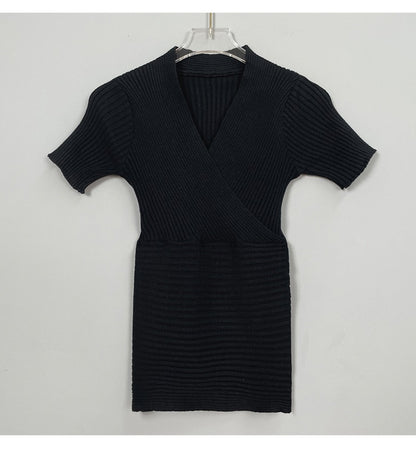 Chic V-Neck Ribbed Knit Short Sleeve Wrap Top