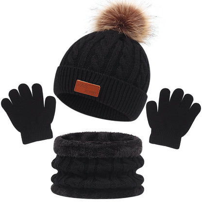 Toddler Autumn Winter Warm Beanie Set with Faux Fur Pom Pom