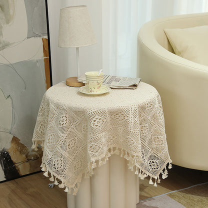 Vintage Cotton Linen Tassel Tablecloth – Pastoral Hollow Lace Round Table Cover for Dining & Coffee Tables