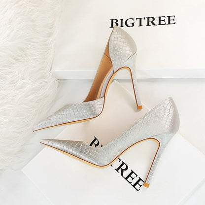Women's Snake Pattern Silk High Heels - Thin Heeled Shallow Side Hollow Pointed Toe Pumps