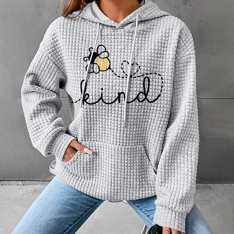 Be Kind" Bee Print Waffle Knit Hoodie | Cozy Cream Hooded Pullover for Women
