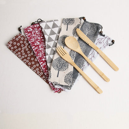 20CM Eco-Friendly Bamboo Cutlery Set with Floral Travel Pouch - 3-Piece Reusable Knife, Fork, and Spoon