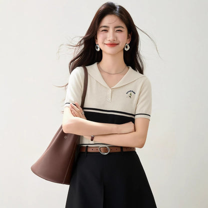 Women's Navy Collar Striped Knit Shirt - Retro Casual Short Sleeve Top