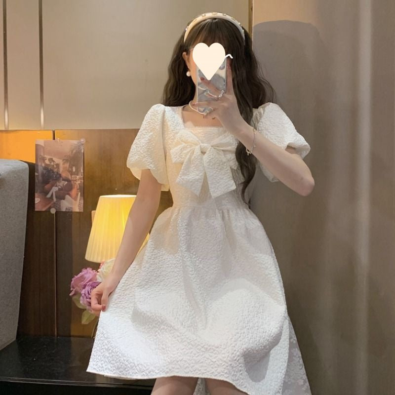 Elegant Square Neck White Bow Mini Dress - Sweet Fairy Style Puff Sleeve Cake Skirt for Women
