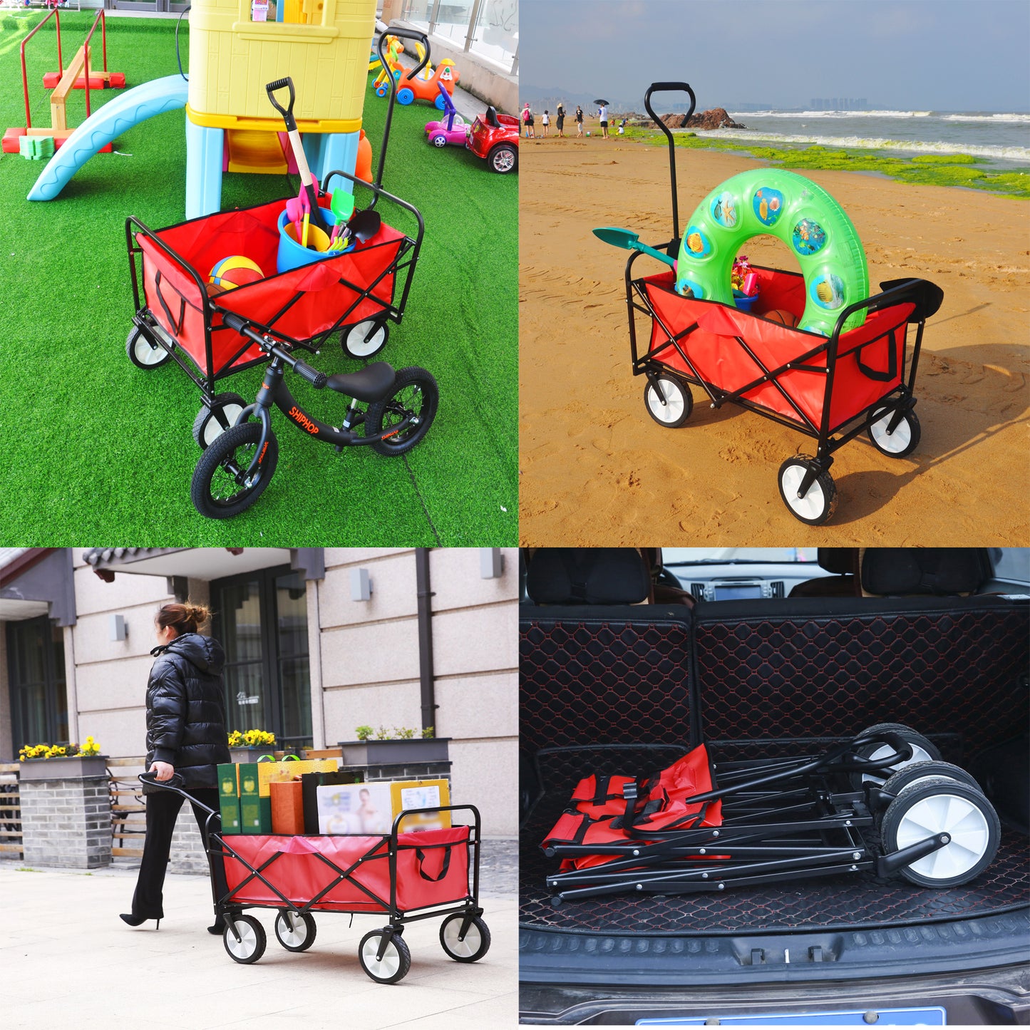 Folding Wagon Garden Shopping Beach Cart – Heavy Duty Red Utility Cart