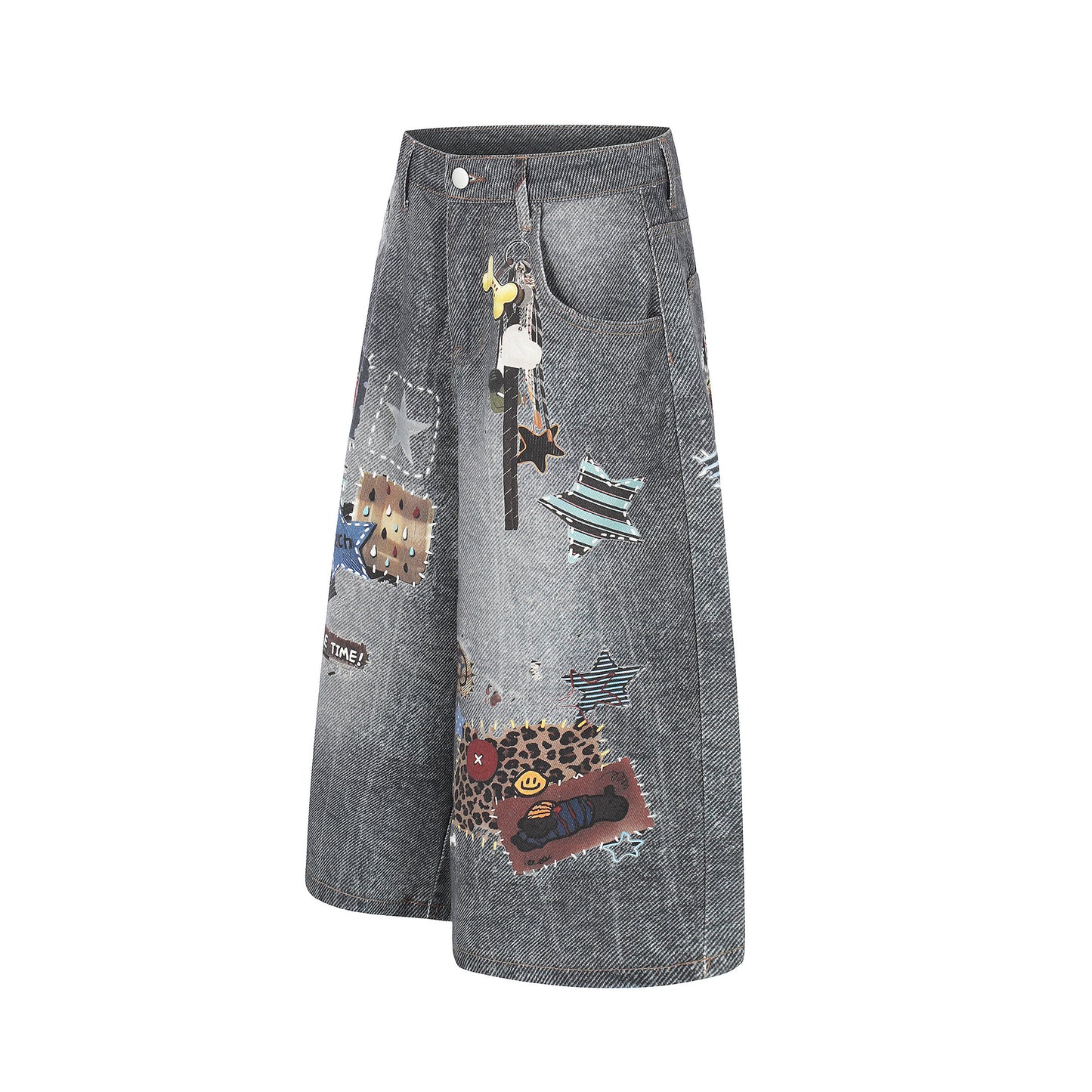 Vintage Patchwork Graphic Denim Shorts - Retro Washed Wide Leg Streetwear Culottes
