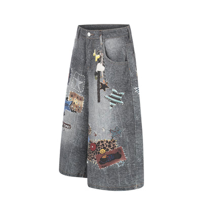 Vintage Patchwork Graphic Denim Shorts - Retro Washed Wide Leg Streetwear Culottes