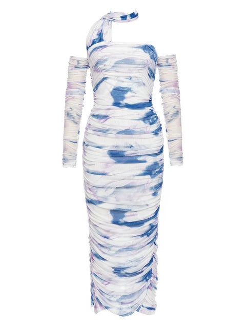 Glamorous Hanging Neck Pleated Maxi Dress with Gloves - High-Fashion Party