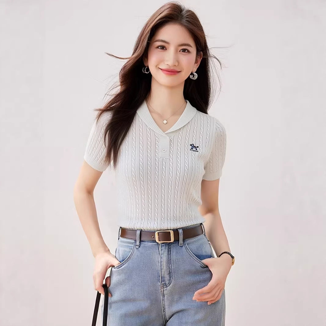Elegant Flip Collar Cable Knit Blouse - Slim Fit Casual Top for Women