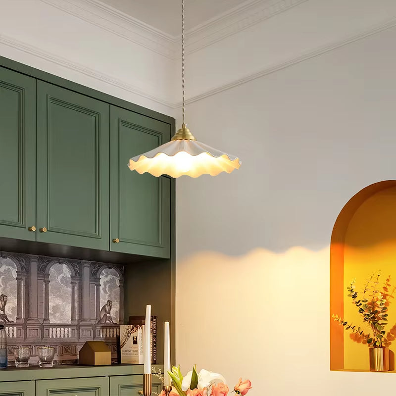 All-Copper Retro Rice-Hat Pendant Light – Elegant Floral Ceramic Chandelier for Bedroom & Cafe