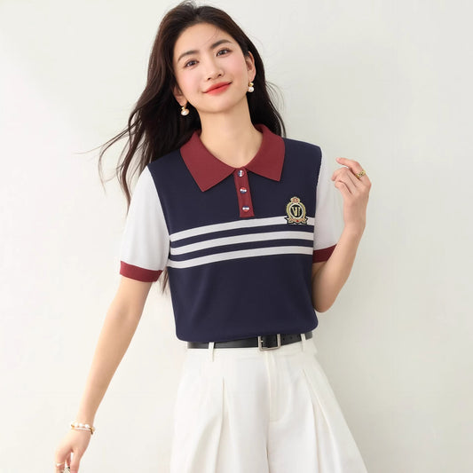 Youthful Preppy Style Striped T-Shirt - Versatile Summer Polo Top for Women