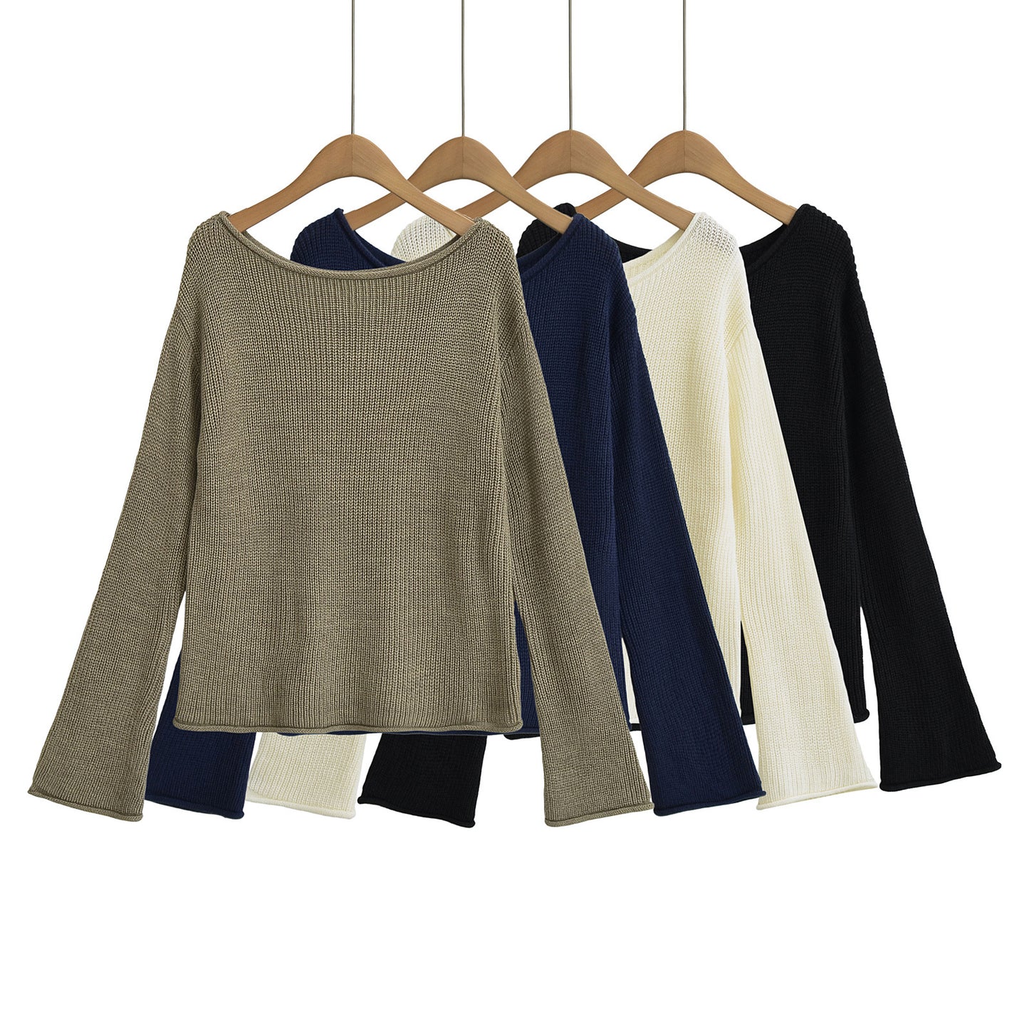 Elegant Off-Shoulder Knitted Sweater – Chic Long Sleeve Solid Color Top for Women