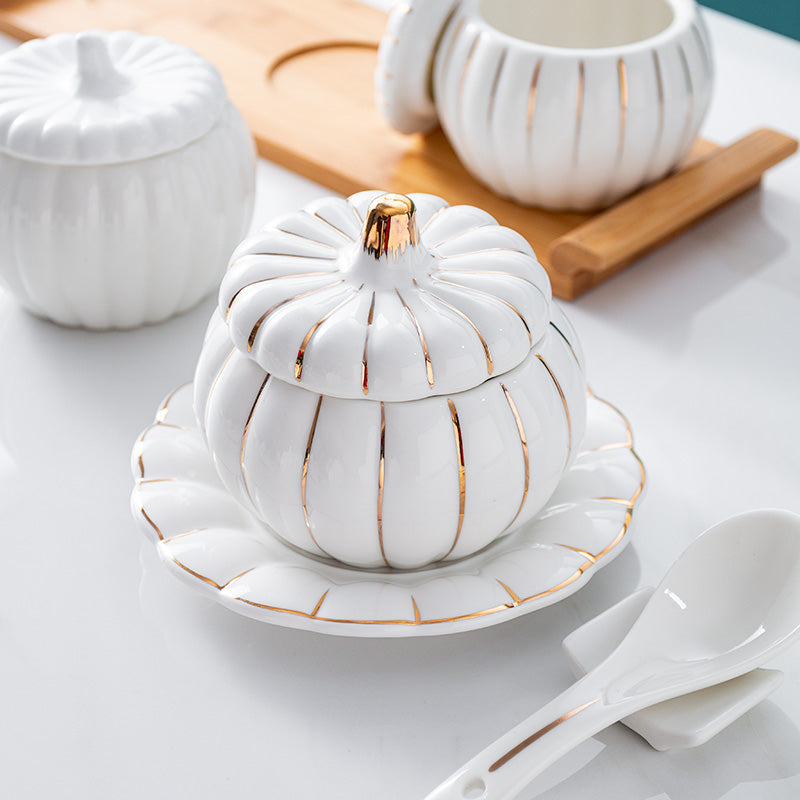 Creative Ceramic Pumpkin Soup Bowl with Lid and Saucer Set