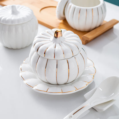 Creative Ceramic Pumpkin Soup Bowl with Lid and Saucer Set