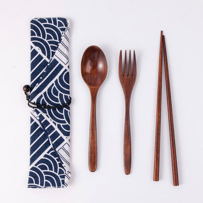 Japanese Style 3-Piece Portable Wooden Cutlery Set with Pouch