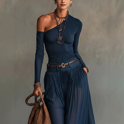 Women's Fashionable Asymmetrical One-Shoulder Top and Maxi Skirt Set with Belt