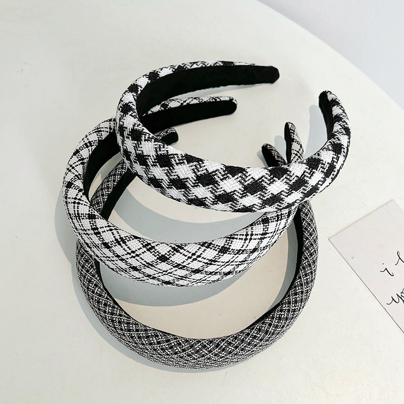 French Vintage Houndstooth Wide Headband - Elegant Thick Sponge Hair Hoop for Women