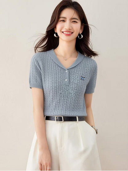 Elegant Flip Collar Cable Knit Blouse - Slim Fit Casual Top for Women