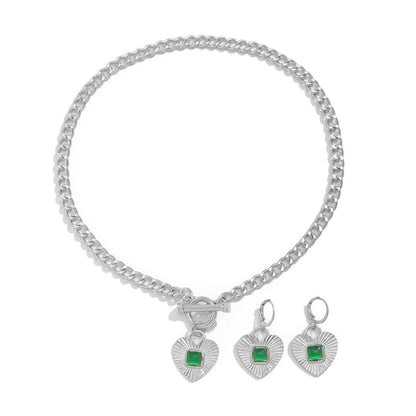 Luxury Gold Chain Heart Pendant Necklace & Bracelet Set with Green Stone
