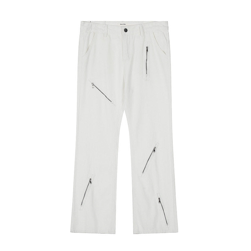 Trendy Multi-Zipper Flared Denim Pants - Cool Streetwear Loose Fit Black Trousers