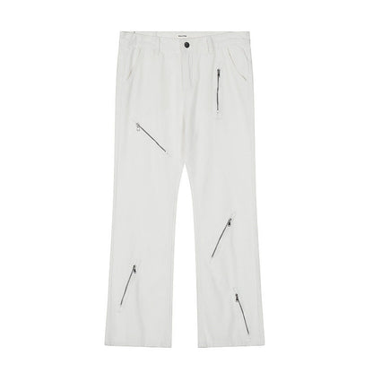 Trendy Multi-Zipper Flared Denim Pants - Cool Streetwear Loose Fit Black Trousers