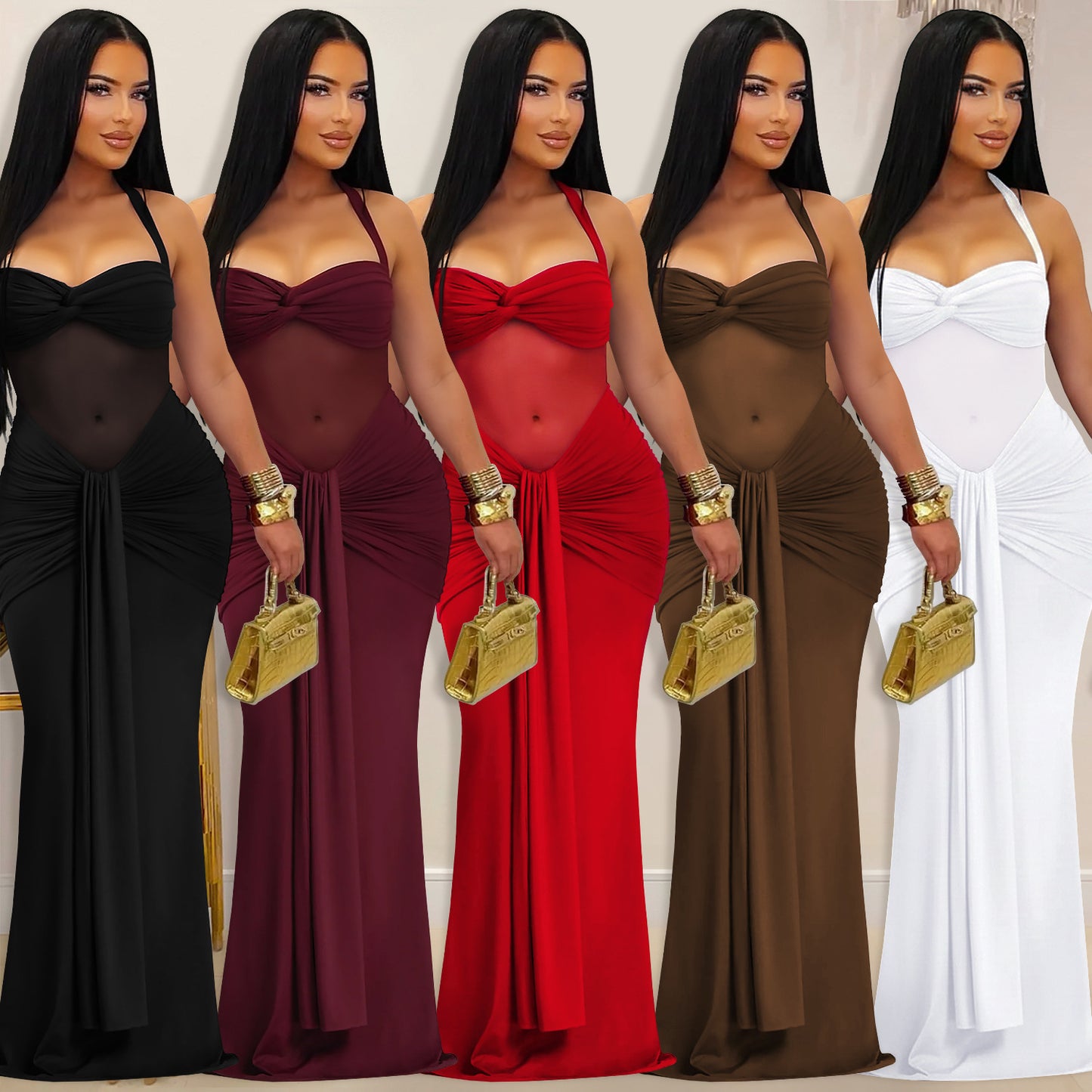 Elegant White Sheer Mesh Halter Maxi Dress – Sexy Tie-Back Glamorous Evening Gown for Women