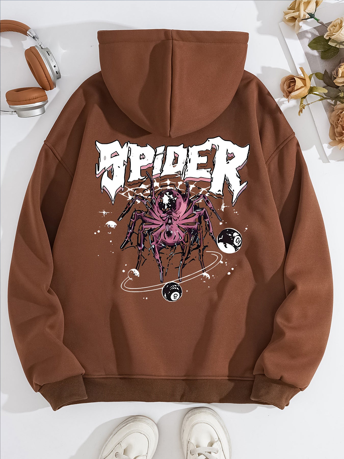 Grunge Spider Graphic Print Hoodie | Oversized Lavender Pullover for Streetwear