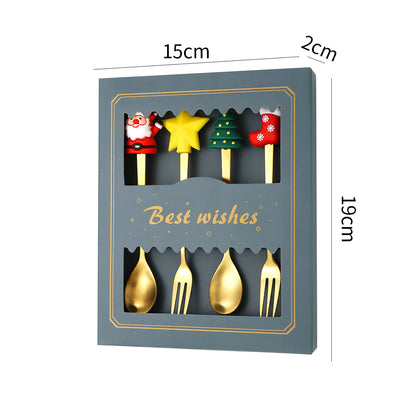 Luxury Christmas Gift Tableware Set - Gold Stainless Steel Coffee Spoon & Dessert Fork with Festive Cartoon Handles (Set of 4)