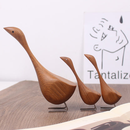 Nordic Hand-Carved Wooden Swan Figurine – Minimalist Teak Wood Bird Sculpture for Home Decor