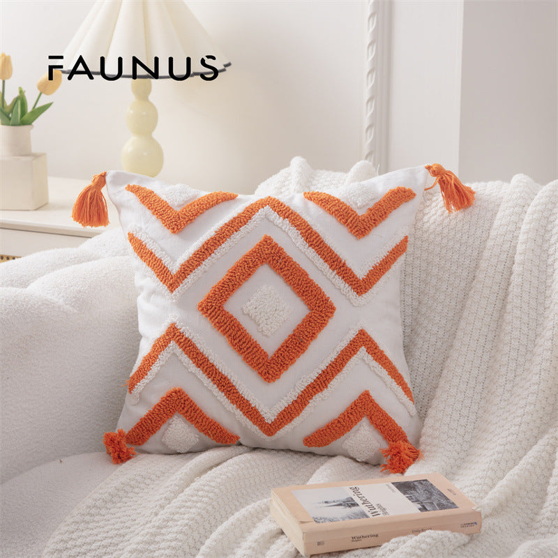Bohemian Tufted Throw Pillow Cover - Ethnic Moroccan Leaf Embroidered Cushion Case