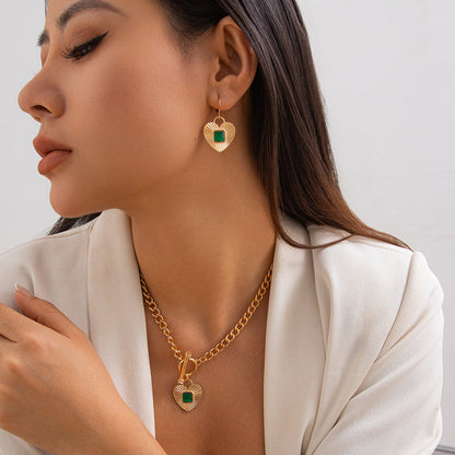 Luxury Gold Chain Heart Pendant Necklace & Bracelet Set with Green Stone