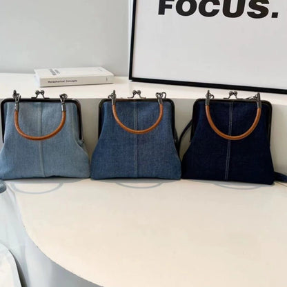 Handmade Denim Splicing Handbag with Wooden Handle (Small Crossbody)