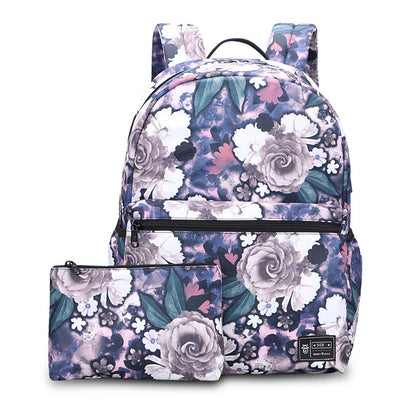 Two-Piece Large Capacity Floral Print Backpack with USB Charging Port - Peony Design