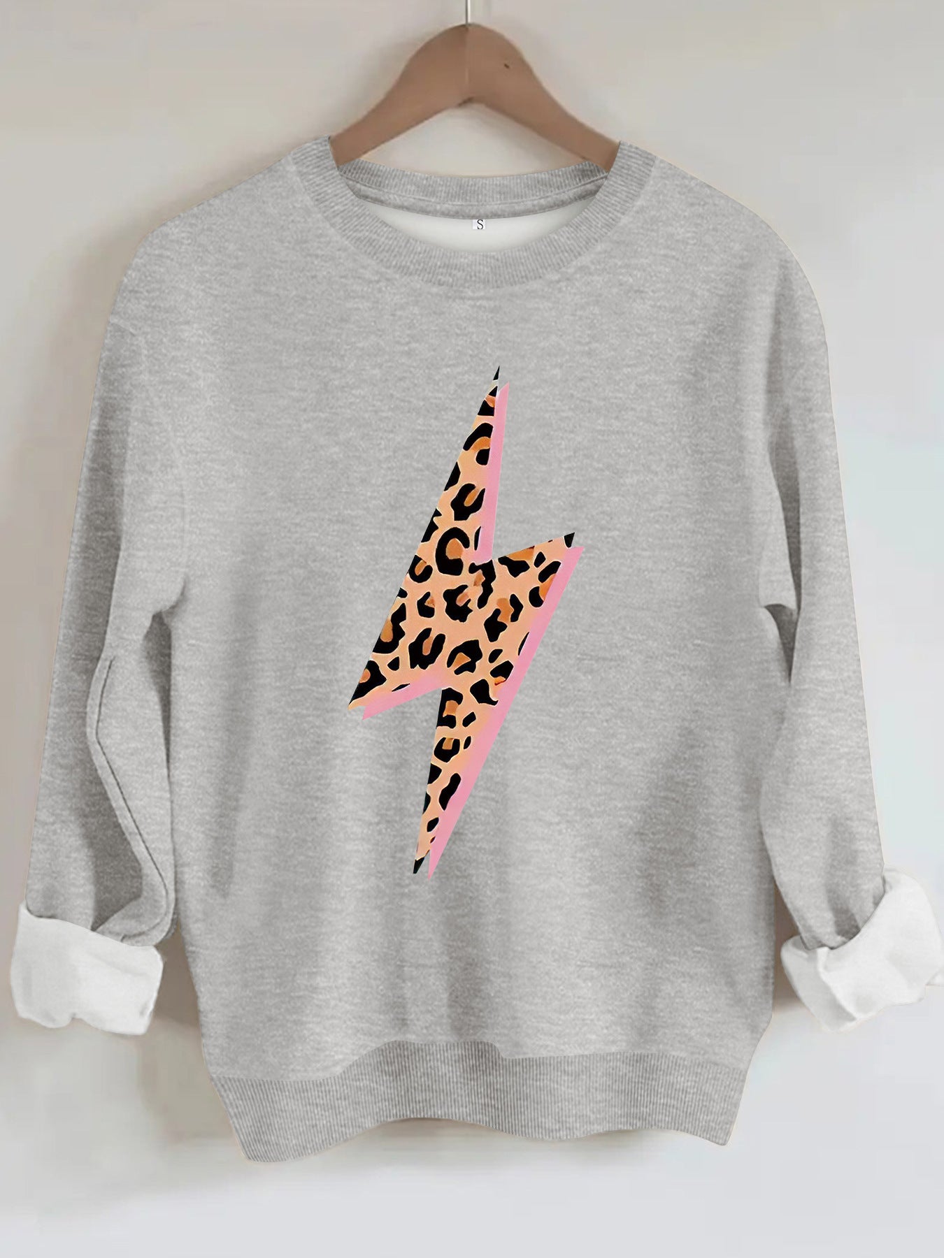 Women's Lightning Bolt with Leopard Pattern Print Sweatshirt | Crewneck Graphic Pullover