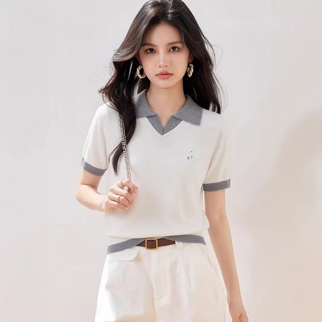 White Polo Neck False Two-Piece Short Sleeve Knit Top for Women