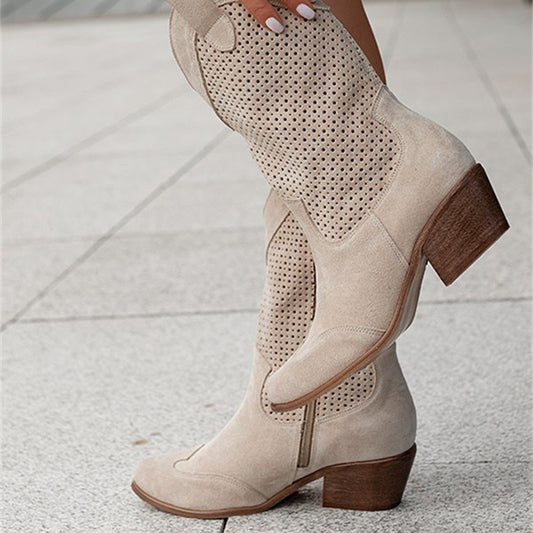 Women's Mid Heeled Suede Low Cut Ankle Boots (Perforated Design)
