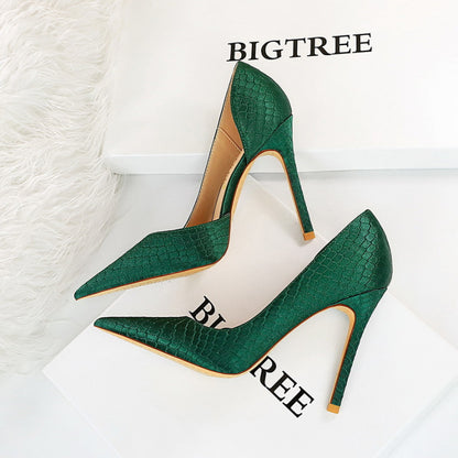 Women's Snake Pattern Silk High Heels - Thin Heeled Shallow Side Hollow Pointed Toe Pumps