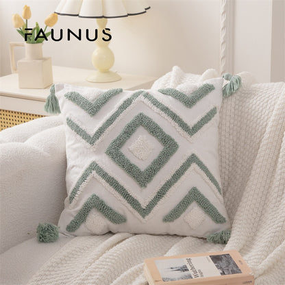 Bohemian Tufted Throw Pillow Cover - Ethnic Moroccan Leaf Embroidered Cushion Case
