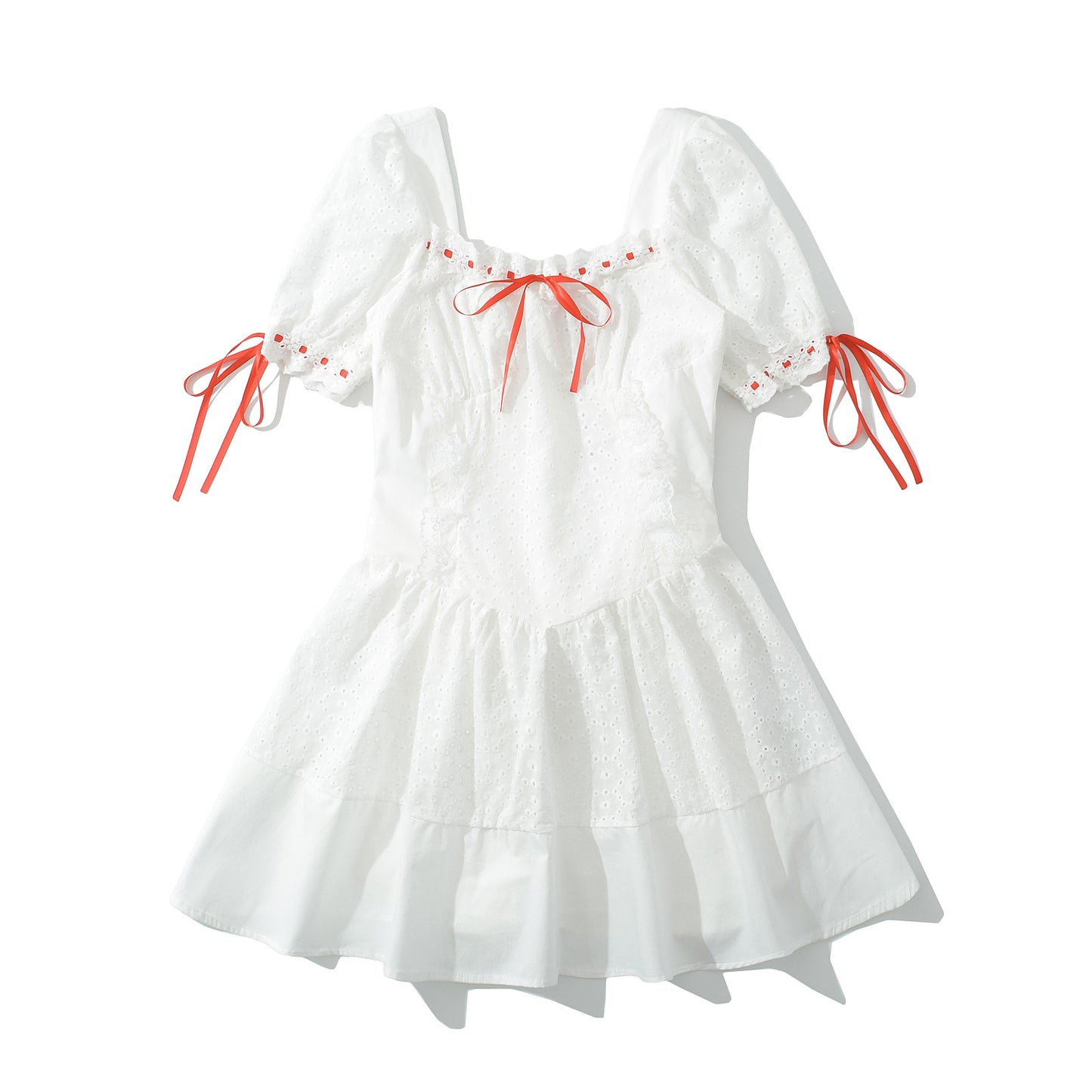 Romantic White Lace Hollow Short Dress - Elegant Bow Design Puff Sleeve Mini Skirt for Women
