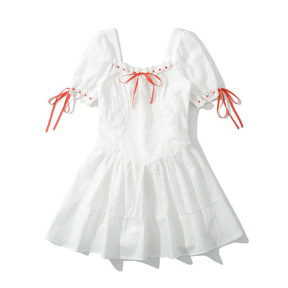 Romantic White Lace Hollow Short Dress - Elegant Bow Design Puff Sleeve Mini Skirt for Women