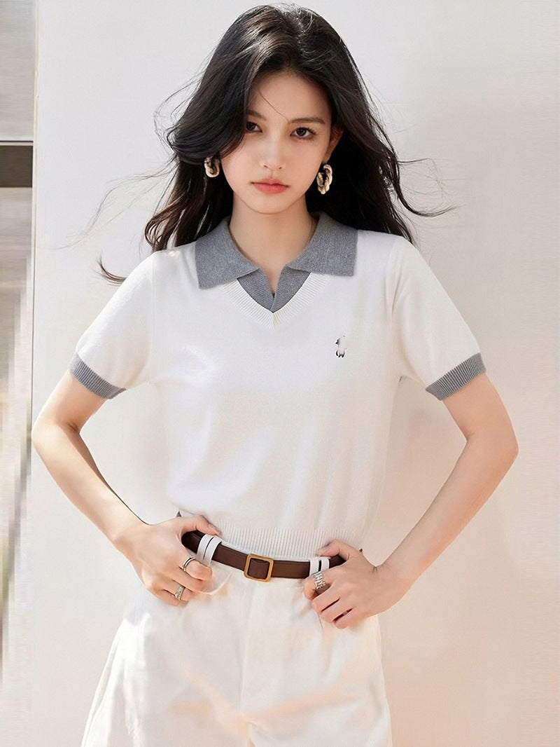 White Polo Neck False Two-Piece Short Sleeve Knit Top for Women