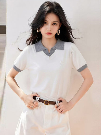 White Polo Neck False Two-Piece Short Sleeve Knit Top for Women