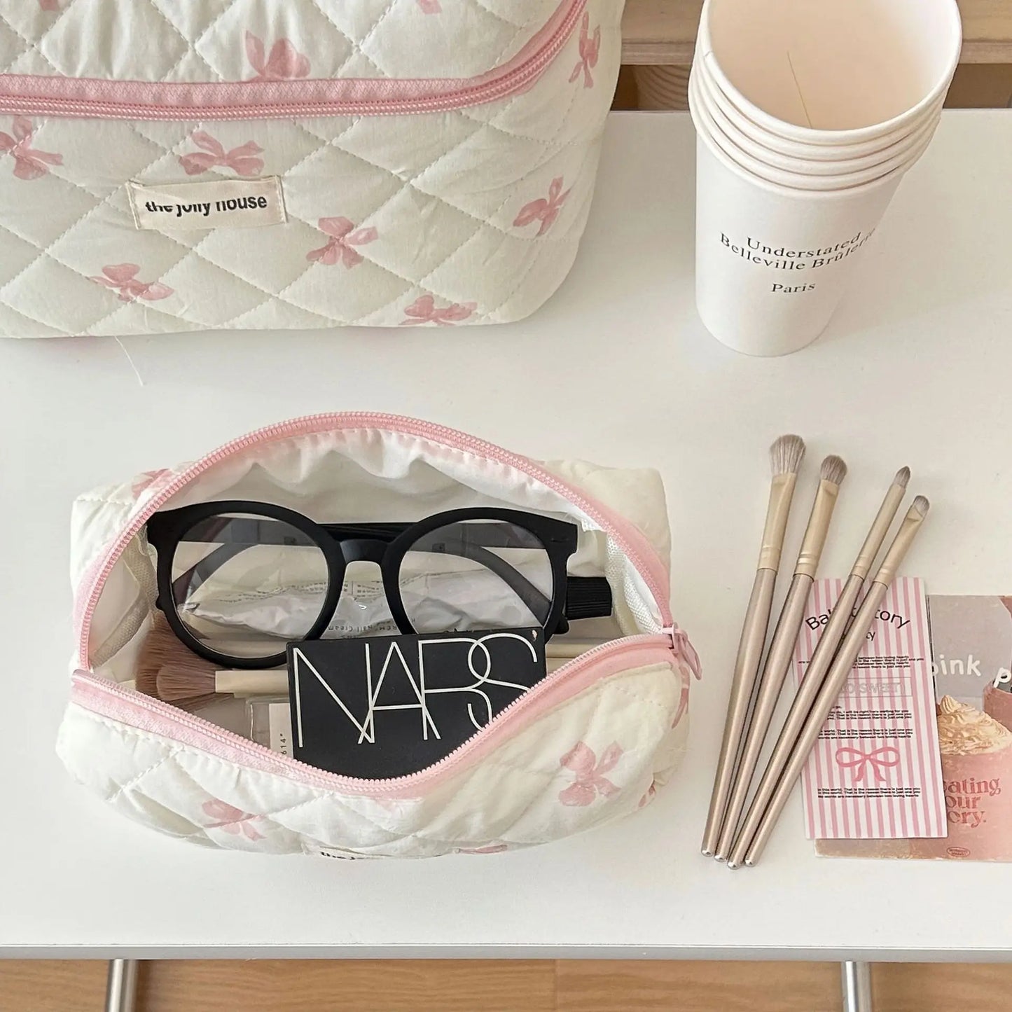 Cute Bow Flower Quilted Cotton Makeup Bag & Toiletry Case Set