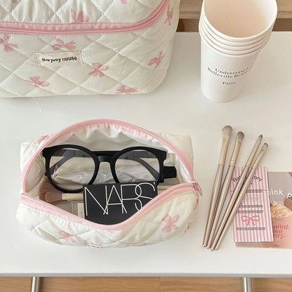 Cute Bow Flower Quilted Cotton Makeup Bag & Toiletry Case Set