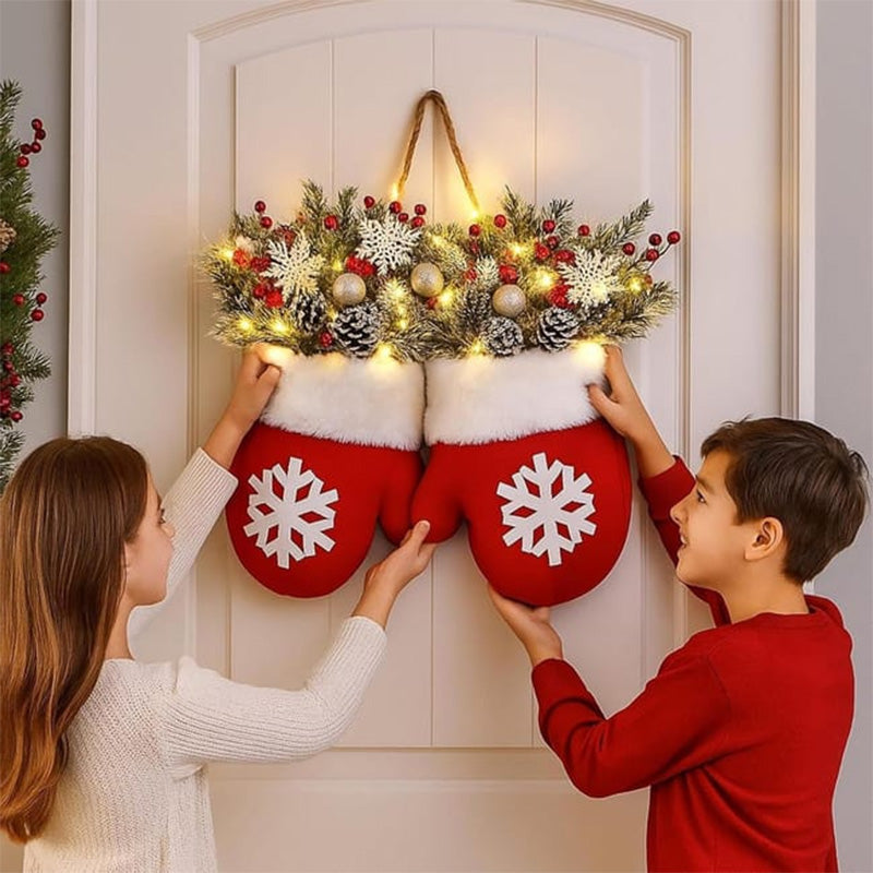 Faux Flower Crown Christmas Mitten Garland - Hanging Sign for Holiday Parties