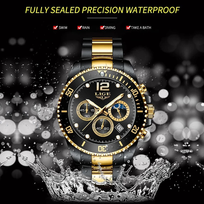 LIGE Luxury Men's Chronograph Quartz Watch - Waterproof Stainless Steel Sports Wristwatch