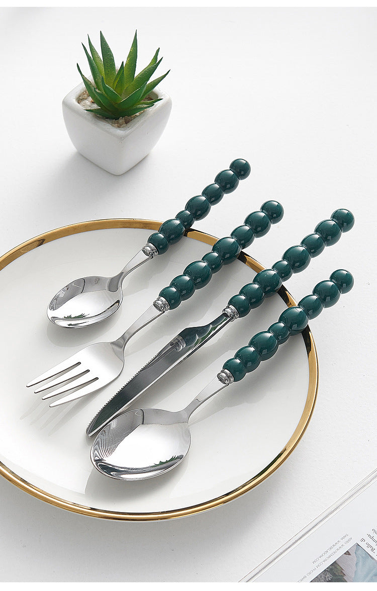 4-Piece Designer Pearl Handle Cutlery Set - Elegant Emerald Green & Stainless Steel Flatware